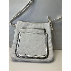 SONDRA ROBERTS SQUARED White Leather Crossbody Purse Chain Accent